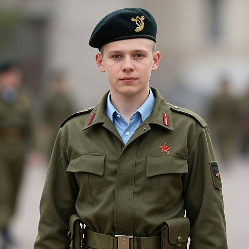 Photograph of a young, fair-skinned male soldier with short blond hair, wearing a black beret, olive green uniform, blue shirt, and
