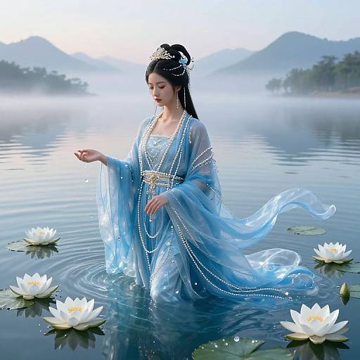 Digital artwork of an Asian woman in a flowing, pearl-embellished blue gown, standing in a misty lake with lotus flowers.