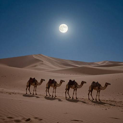 Photograph of four camels with saddles walking in a desert under a bright, full moon in a clear, deep blue sky.