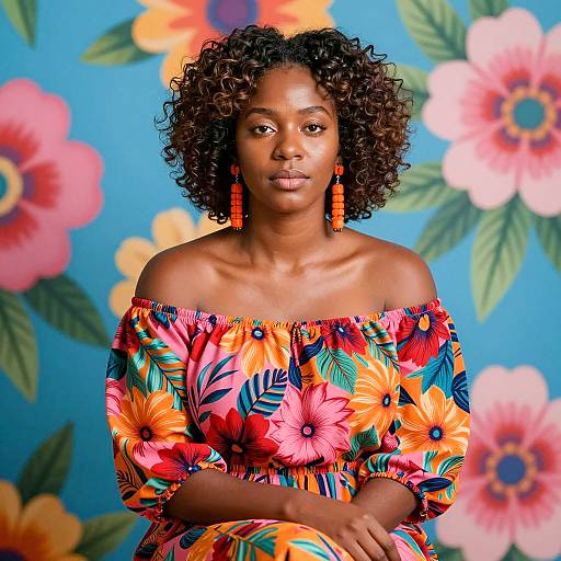 Woman in Colorful Floral Dress with Curly Hair