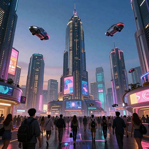 Neon-lit futuristic cityscape at dusk with flying cars, tall skyscrapers, colorful digital billboards, and a bustling crowd in the foreground