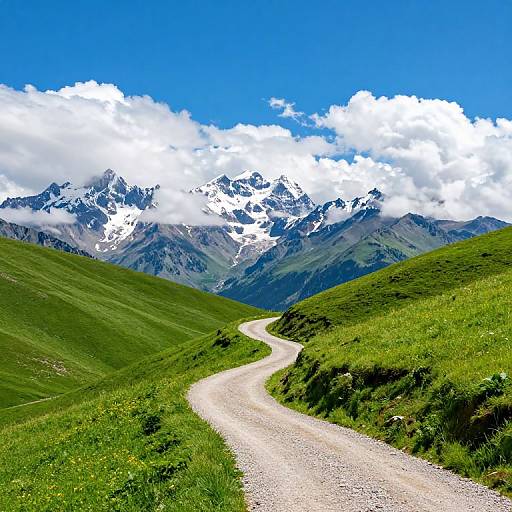 Photograph of a winding gravel path through lush green hills leading to snow-capped mountains under a bright blue sky with fluffy white clouds.