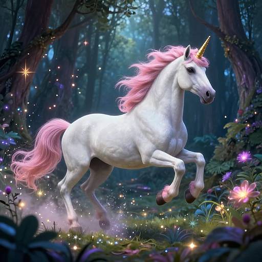 Digital fantasy illustration of a white unicorn with pink mane and tail, galloping through a magical forest illuminated by glowing flowers and stars.