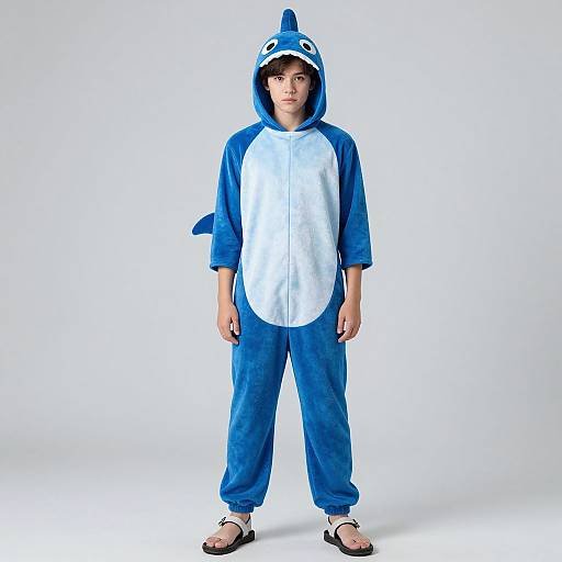 Photograph of a young boy standing in front of a white background, wearing a blue and white shark costume with hood, and black flip-flops.