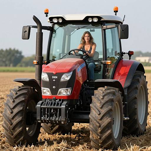 Photograph of a smiling woman with curly brown hair driving a red John Deere tractor across a harvested field, with large tires and clear sky in the