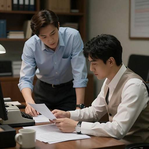 Two Men in Dimly Lit Office