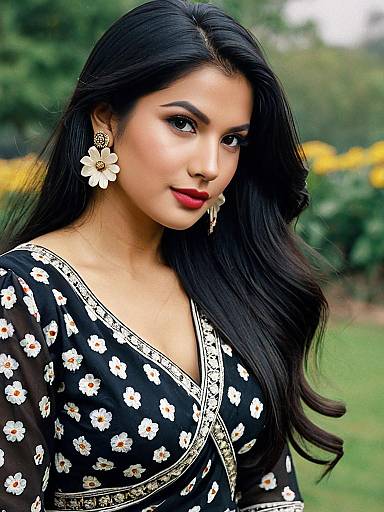Young Woman in Floral Full Sleeve Saree Blouse Outdoors