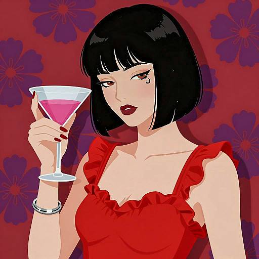 Elegant Woman with Martini in Floral Setting