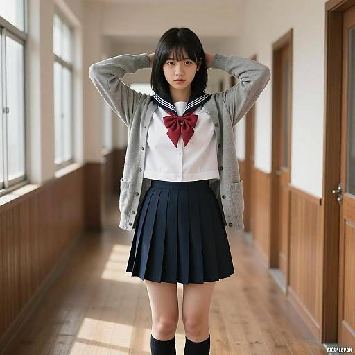 Asian Schoolgirl in Wooden Corridor