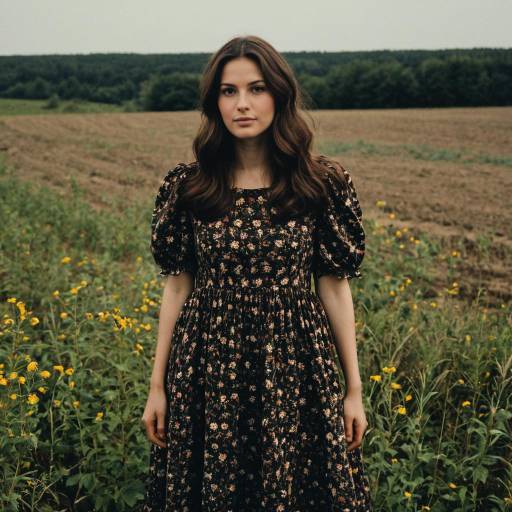 Woman in Dark Floral Dress in Countryside