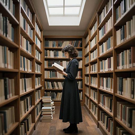 Photograph of a curly-haired woman in a black dress, standing in a narrow library aisle, reading a book, surrounded by wooden bookshelves.