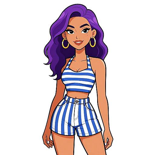 Digital illustration of a confident woman with purple hair, wearing a blue and white striped crop top and high-waisted shorts, large gold hoop earrings,