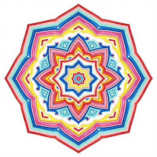 Vibrant, symmetrical, digital mandala with colorful layers of red, blue, yellow, and white, featuring a starburst pattern, on