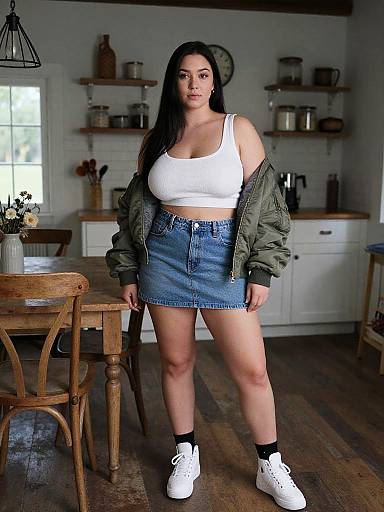 Photograph of a curvy woman with long black hair, wearing a white crop top, denim skirt, green jacket, black socks, and white sneakers
