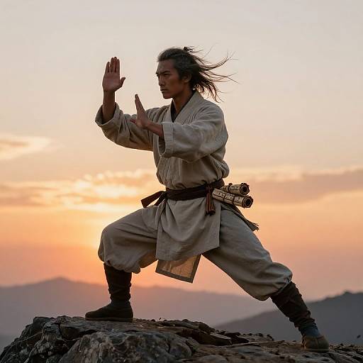 Photograph of a silhouetted martial artist in a traditional white gi, performing a stance on rocky terrain at sunset, with a scroll on his