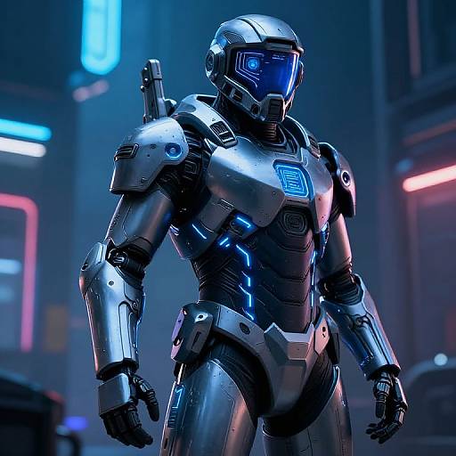 CGI image of a futuristic, blue-accented silver humanoid robot with a helmet, standing in a neon-lit urban night scene.
