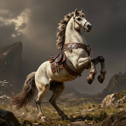 Photorealistic digital artwork of a white, rearing horse with brown mane and tail, wearing a leather saddle and bridle, in a dramatic,