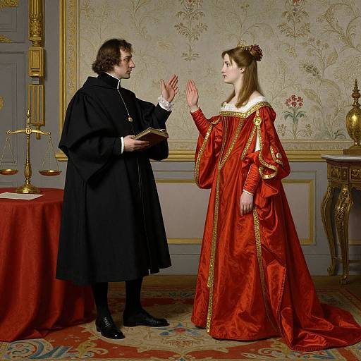 Photograph of a 16th-century scene: a dark-haired man in black cleric robes gestures to a fair-haired woman in an elaborate red gown with