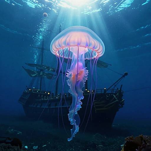 Abyssal Bioluminescent Angler-Jellyfish Over Galleon