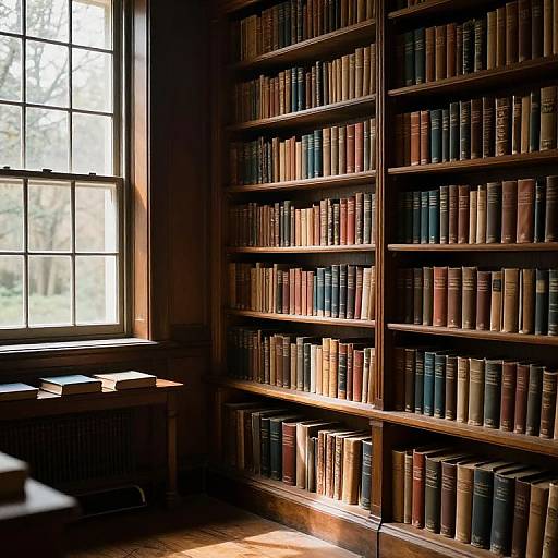 Photograph of a sunlit, wooden bookshelf filled with colorful, vertically-aligned books, beside a large window with a view of trees outside.