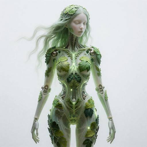 Biotechnical Android Woman with Verdant Leaf Filigree