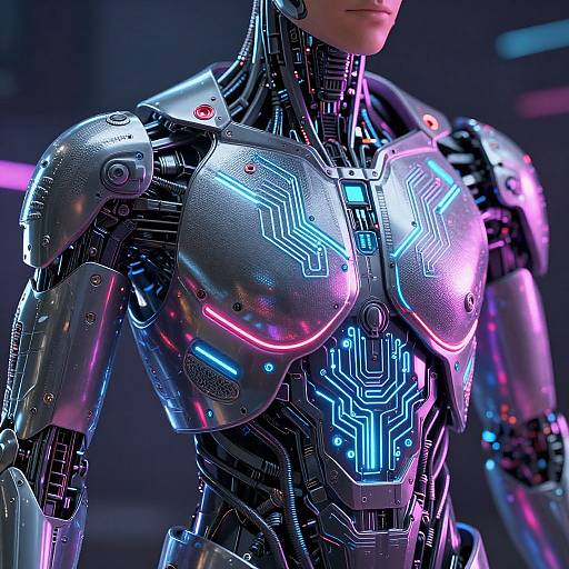 Photorealistic CGI of a futuristic, cybernetic humanoid with glowing neon blue and pink circuit patterns on metallic armor, showcasing intricate robotic joints and chest