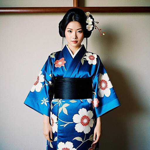 Young Woman in Blue Floral Kimono