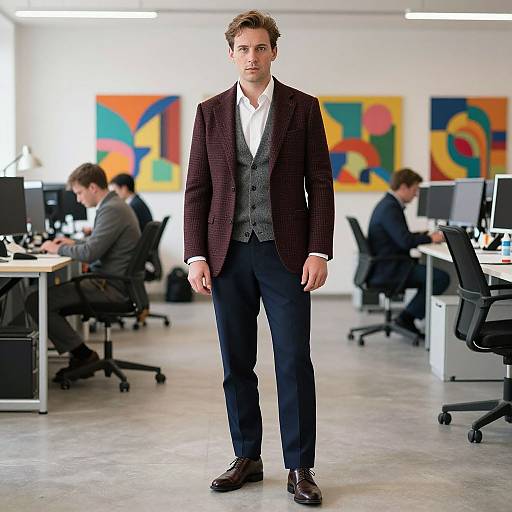 Photograph of a young man with short brown hair, standing in a modern office, wearing a dark red blazer, gray vest, white shirt,