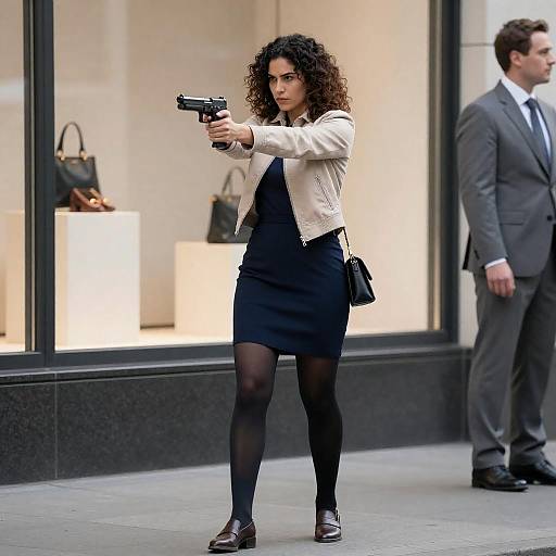 Urban Woman Aiming Handgun on Sidewalk