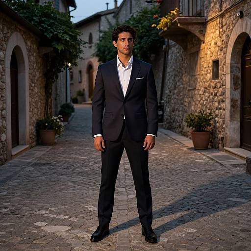 Photograph of a handsome, dark-haired man in a black suit and white shirt standing confidently in a cobblestone, stone-walled alleyway at