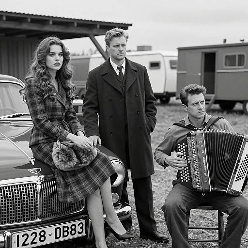 Vintage Scene with Three People and Accordion Player