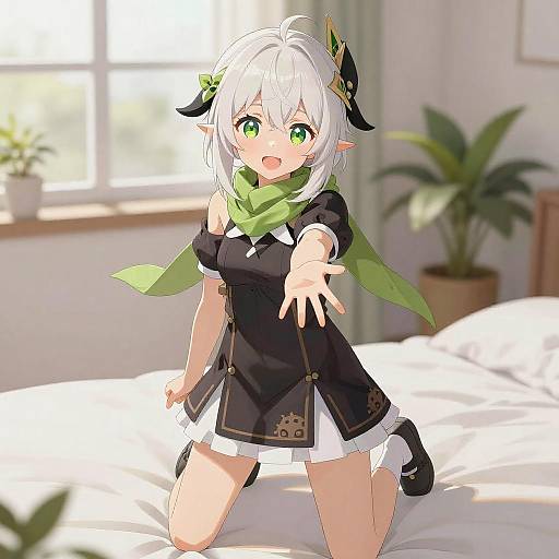 Anime Girl in Green Scarf on Bed