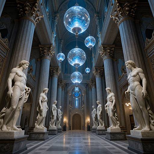 Photograph of a grand cathedral interior featuring classical white marble statues surrounded by glowing blue spherical lights, set against intricately detailed columns and arches.