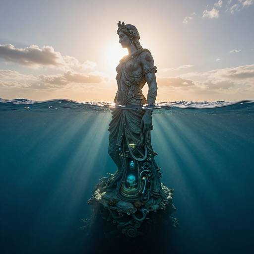 Photograph of a silhouetted, classical-style statue with intricate details, partially submerged in water at sunset, with sun rays and clouds in the
