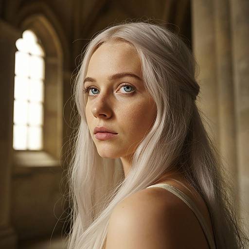 Photograph of a fair-skinned woman with long, platinum blonde hair and blue eyes, wearing a white top, looking back with a serious expression in