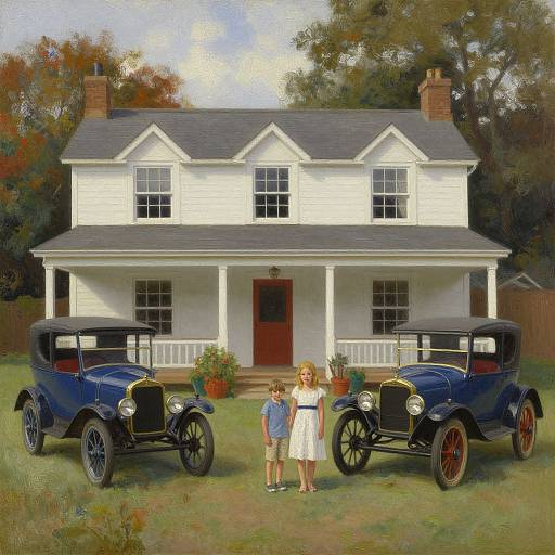 Photograph of a white colonial house with two vintage blue cars, a boy in a blue shirt, and a girl in a white dress, standing on