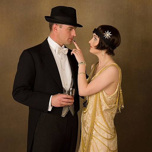 Vintage photo of a man in a black tuxedo and bowler hat, holding a glass, being gently touched by a woman in a gold,