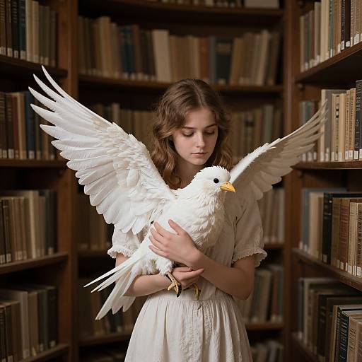 Young woman with wavy brown hair, wearing a white dress, gently holds a white dove with wings spread in a dimly lit library. Photoreal