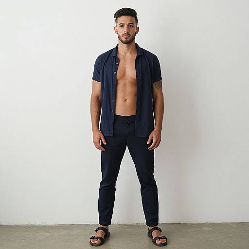 Photograph of a muscular man with short dark hair and beard, wearing an open black shirt, black pants, and sandals, standing against a plain white