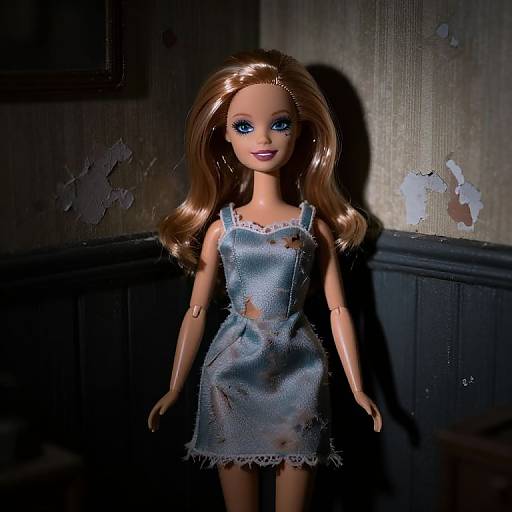 Photograph of a damaged, blue-eyed, brown-haired doll in a tattered, stained dress, standing in a dark, worn-out room.