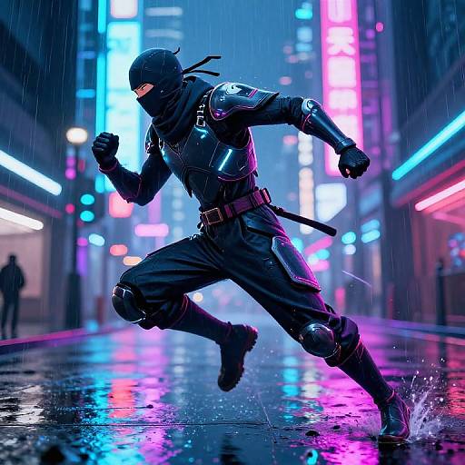 Digital artwork of a masked ninja sprinting in a neon-lit, rain-soaked urban street at night, with vibrant blue, pink, and purple