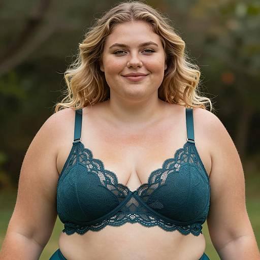 Smiling Plus-Size Woman in Teal Bra