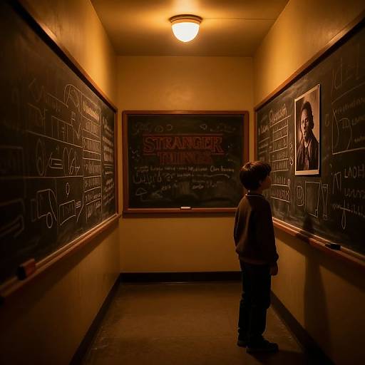 Photograph of a dimly lit classroom with chalkboards filled with white chalk drawings. A young boy stands in front, facing a framed portrait of a