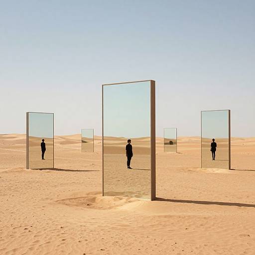 Photograph of a desert with six tall, transparent glass panels standing in the sand, each casting long shadows; three silhouetted figures stand within