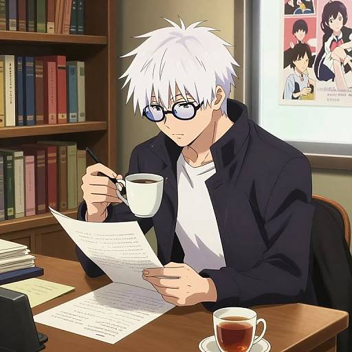 Anime-style drawing of a white-haired, glasses-wearing young man reading a paper at a desk, with a cup of tea and bookshelf in the