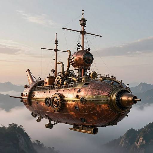 Photorealistic CGI of a steampunk airship with copper-toned hull, intricate gears, and masts, floating above misty mountainous