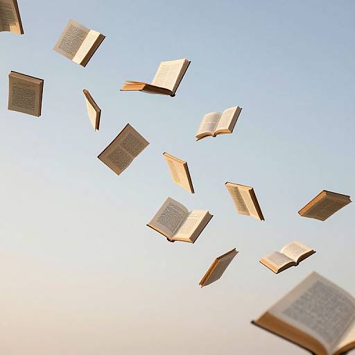 Photograph of several open books floating in mid-air against a clear blue sky, appearing to fly upwards. Warm sunlight highlights the pages.