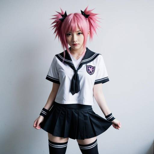 Cosplay Girl in Pink Spiked Hair and School Uniform