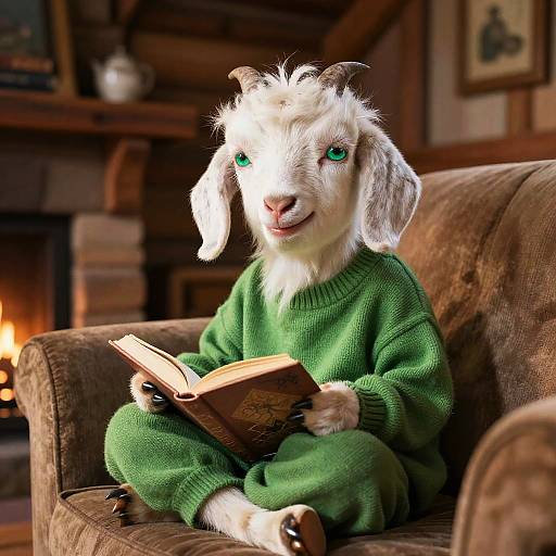CGI image of a white anthropomorphic goat with green eyes, wearing a green sweater, reading a book on a brown couch in a cozy, wood