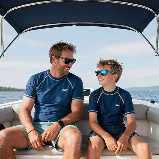 Photograph of a smiling middle-aged man and a young boy in navy blue athletic shirts and shorts, seated on a boat, wearing sunglasses, with a